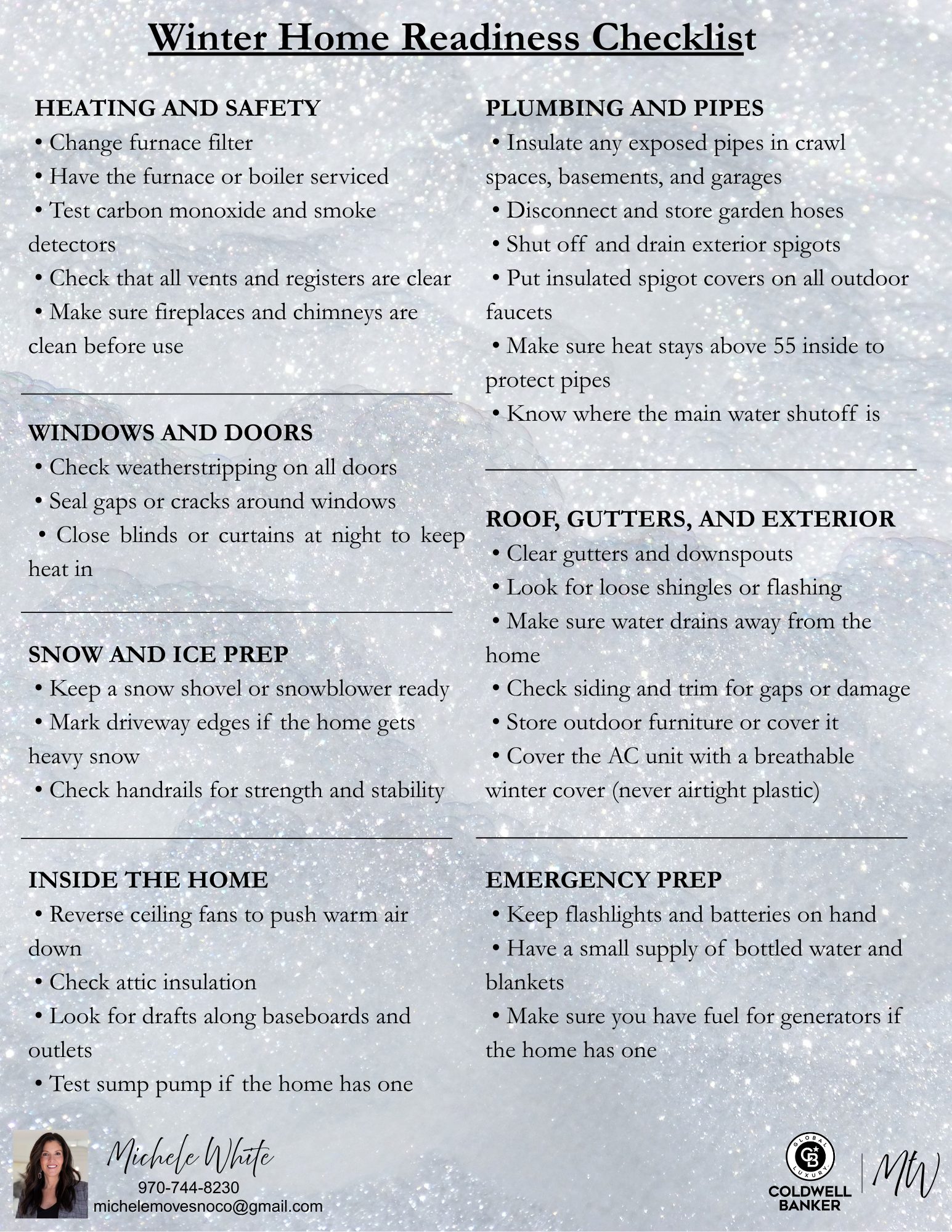 Winter Home Readiness Checklist Heating and Safety • Change furnace filter • Have the furnace or boiler serviced • Test carbon monoxide and smoke detectors • Check that all vents and registers are (2)