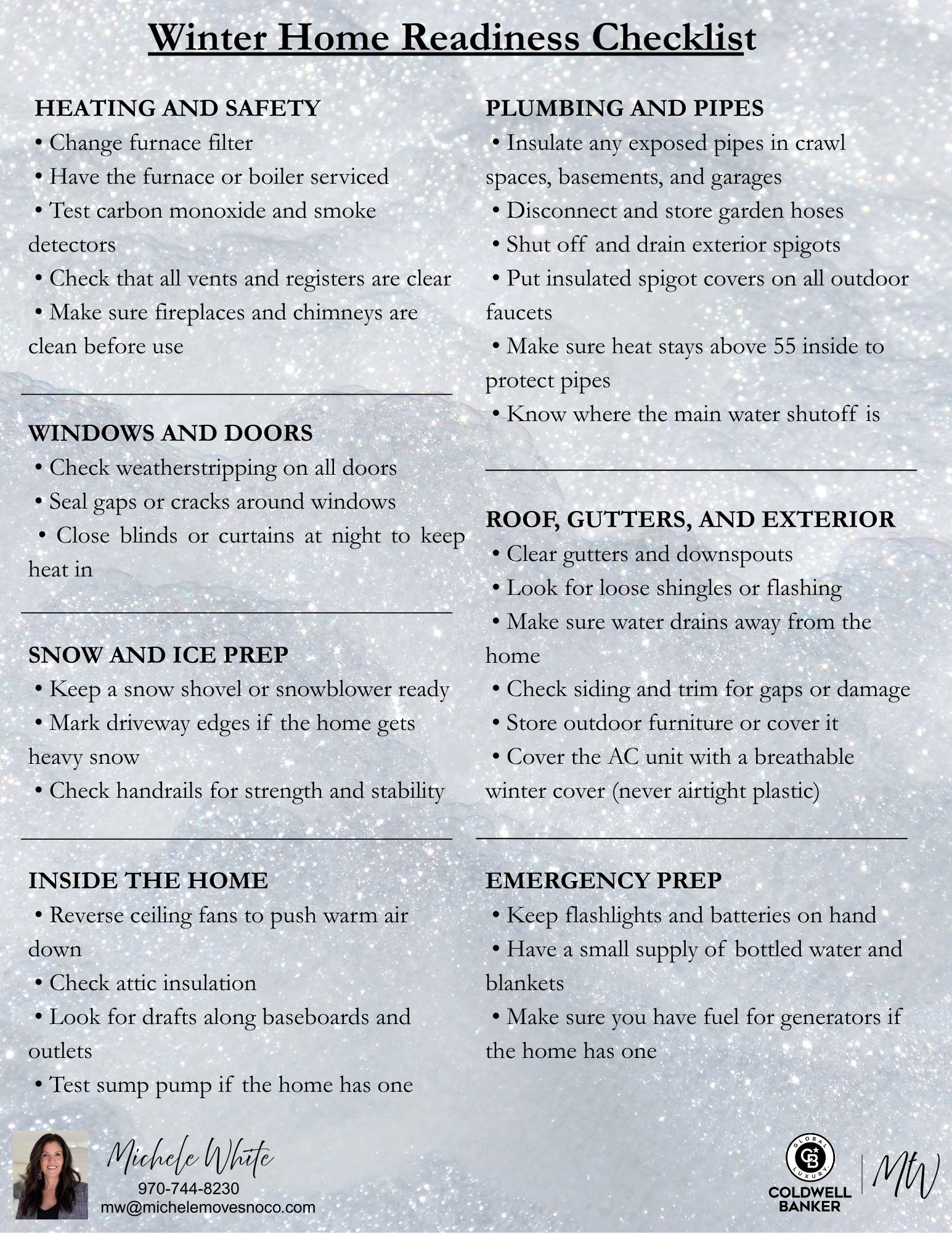 Winter Home Readiness Checklist Heating and Safety • Change furnace filter • Have the furnace or boiler serviced • Test carbon monoxide and smoke detectors • Check that all vents and registers are (3)